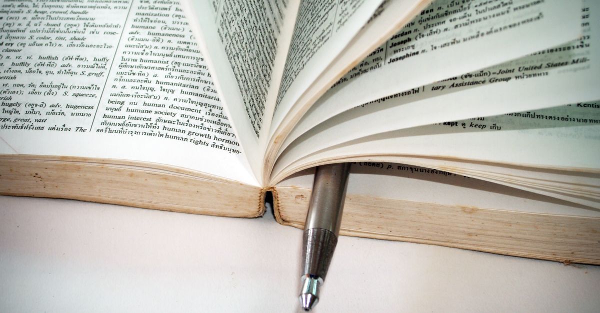 Close-up of an open dictionary with a silver pen resting between its pages