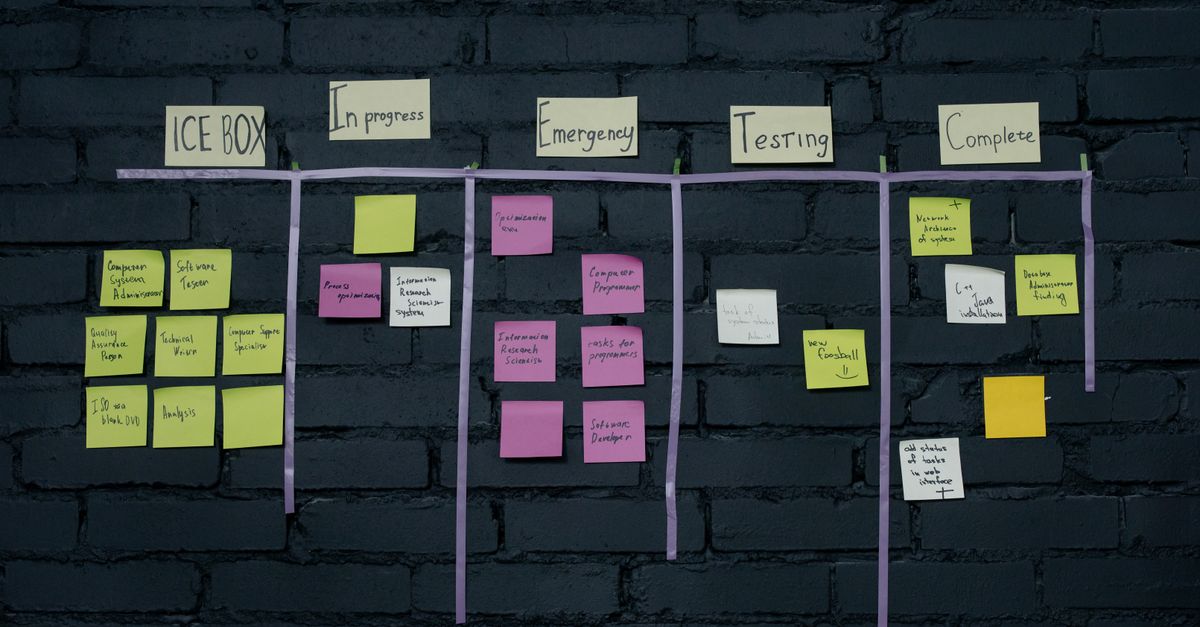 Kanban board of colorful sticky notes on a dark brick wall with columns from backlog to complete