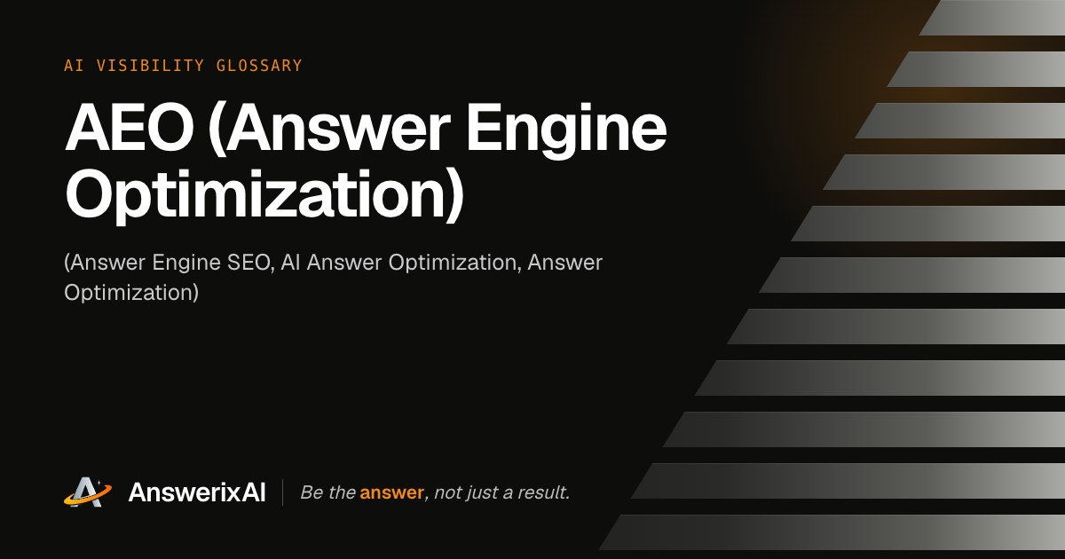 AnswerixAI AI Visibility Glossary card for “AEO (Answer Engine Optimization)”, also called Answer Engine SEO, AI Answer Optimization, Answer Optimization
