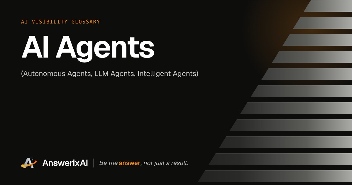 AnswerixAI AI Visibility Glossary card for “AI Agents”, also called Autonomous Agents, LLM Agents, Intelligent Agents