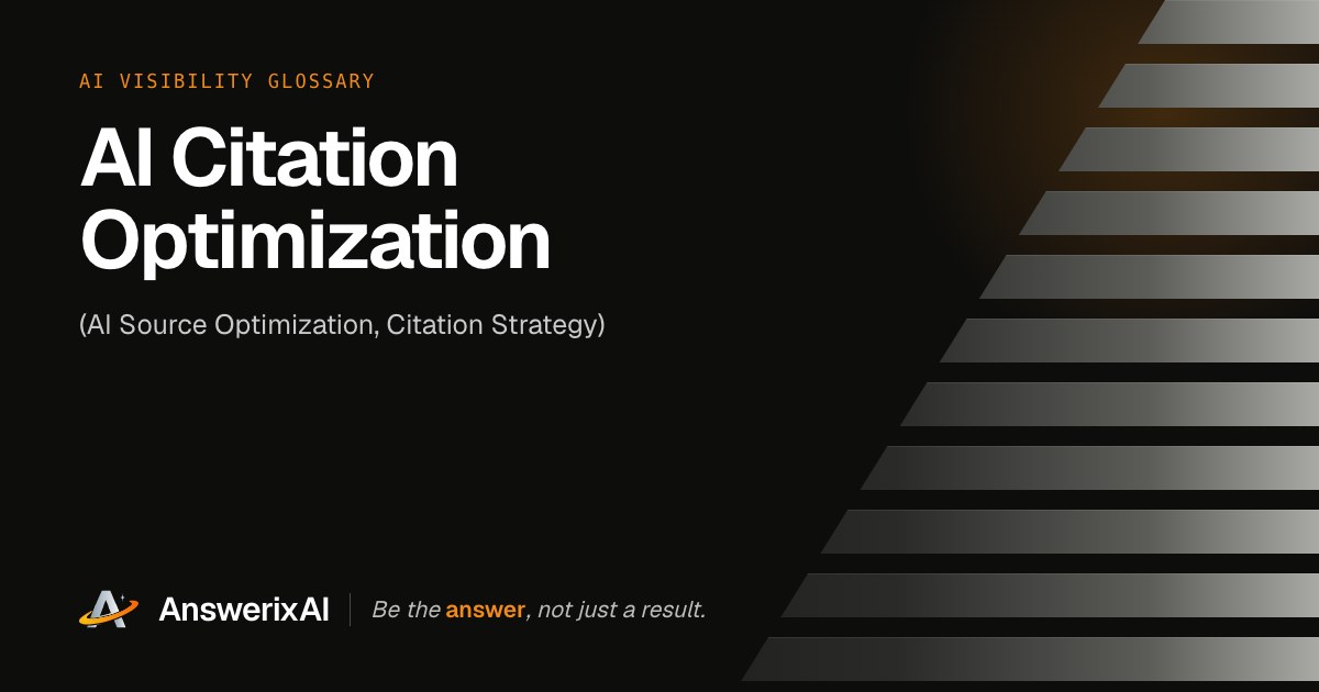 AnswerixAI AI Visibility Glossary card for “AI Citation Optimization”, also called AI Source Optimization, Citation Strategy