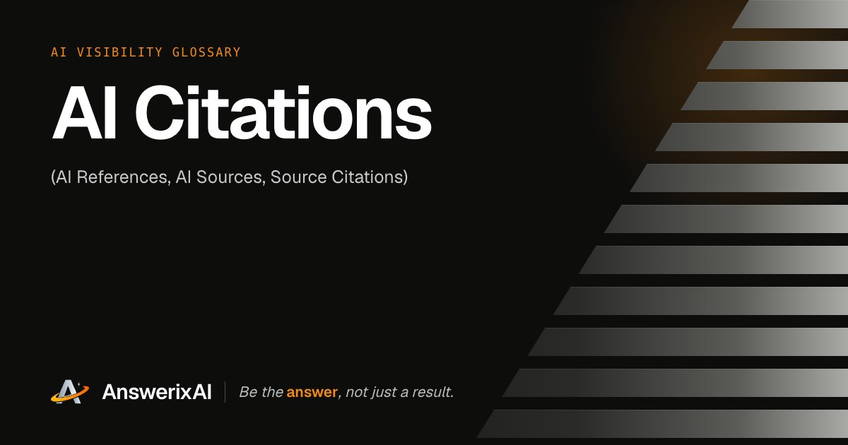 AnswerixAI AI Visibility Glossary card for “AI Citations”, also called AI References, AI Sources, Source Citations