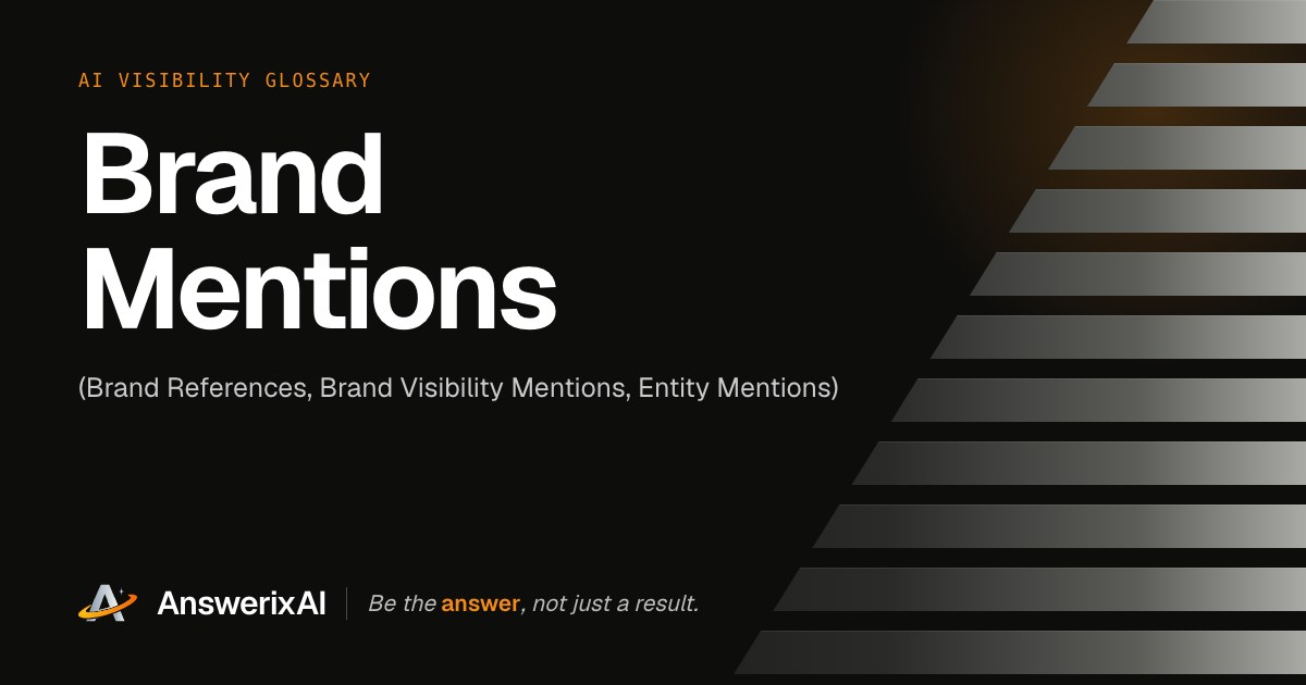 AnswerixAI AI Visibility Glossary card for “Brand Mentions”, also called Brand References, Brand Visibility Mentions, Entity Mentions