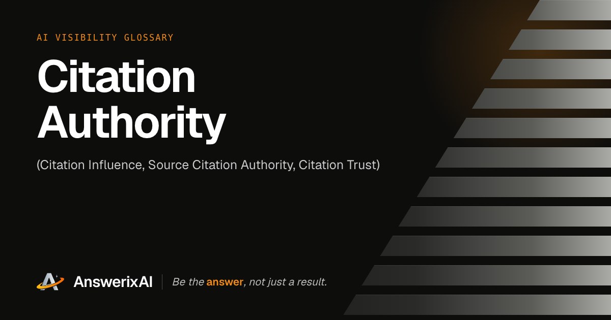 AnswerixAI AI Visibility Glossary card for “Citation Authority”, also called Citation Influence, Source Citation Authority, Citation Trust