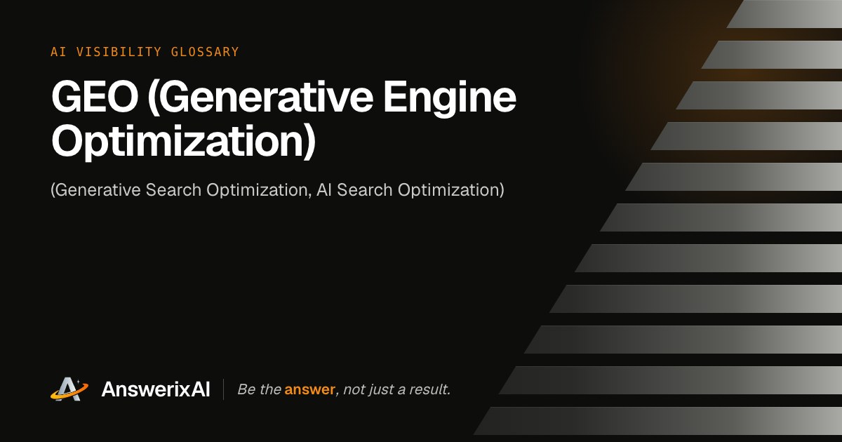 AnswerixAI AI Visibility Glossary card for “GEO (Generative Engine Optimization)”, also called Generative Search Optimization, AI Search Optimization