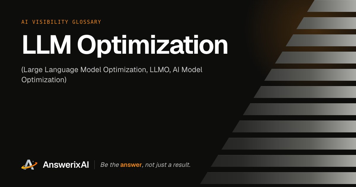 AnswerixAI AI Visibility Glossary card for “LLM Optimization”, also called Large Language Model Optimization, LLMO, AI Model Optimization