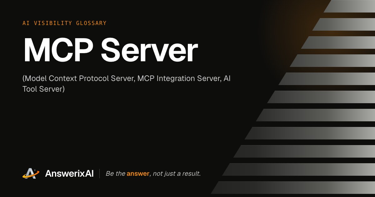 AnswerixAI AI Visibility Glossary card for “MCP Server”, also called Model Context Protocol Server, MCP Integration Server, AI Tool Server