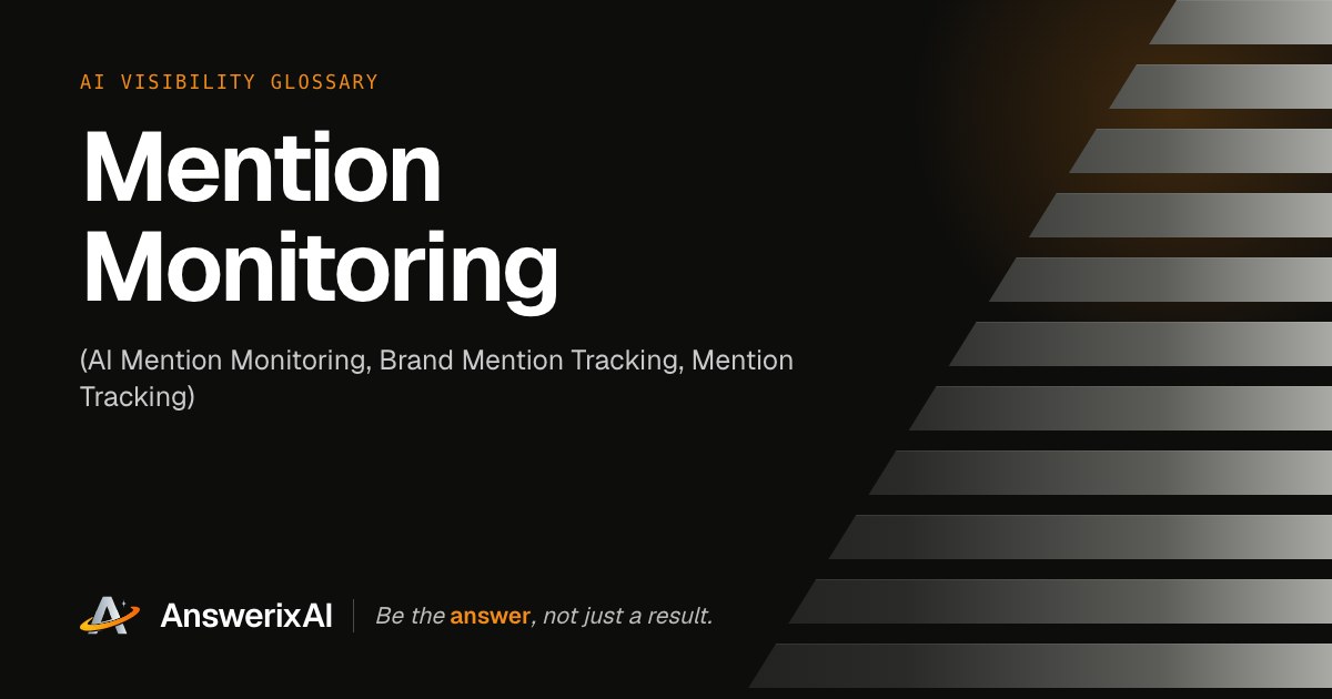 AnswerixAI AI Visibility Glossary card for “Mention Monitoring ”, also called AI Mention Monitoring, Brand Mention Tracking, Mention Tracking