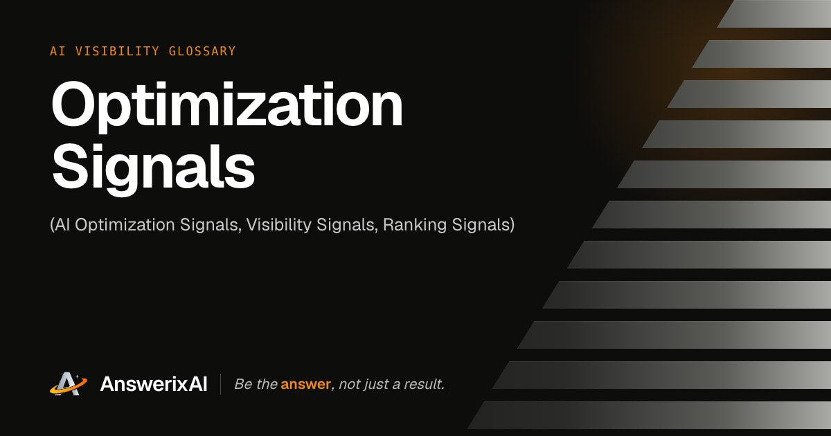 AnswerixAI AI Visibility Glossary card for “Optimization Signals”, also called AI Optimization Signals, Visibility Signals, Ranking Signals