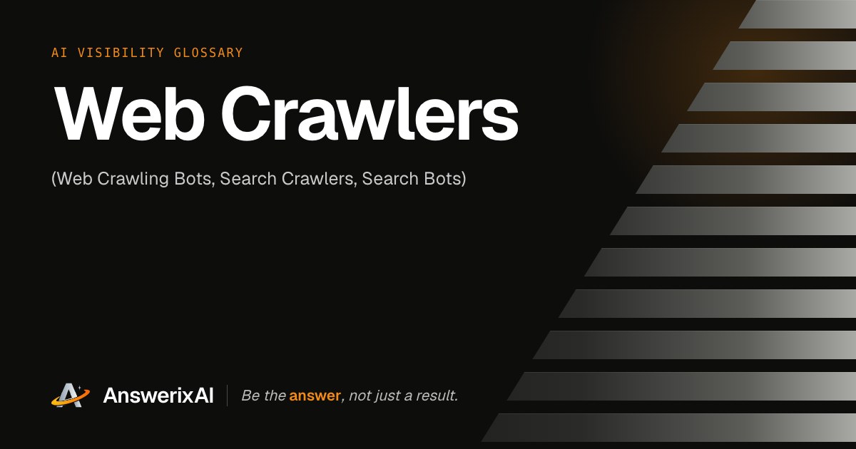AnswerixAI AI Visibility Glossary card for “Web Crawlers”, also called Web Crawling Bots, Search Crawlers, Search Bots