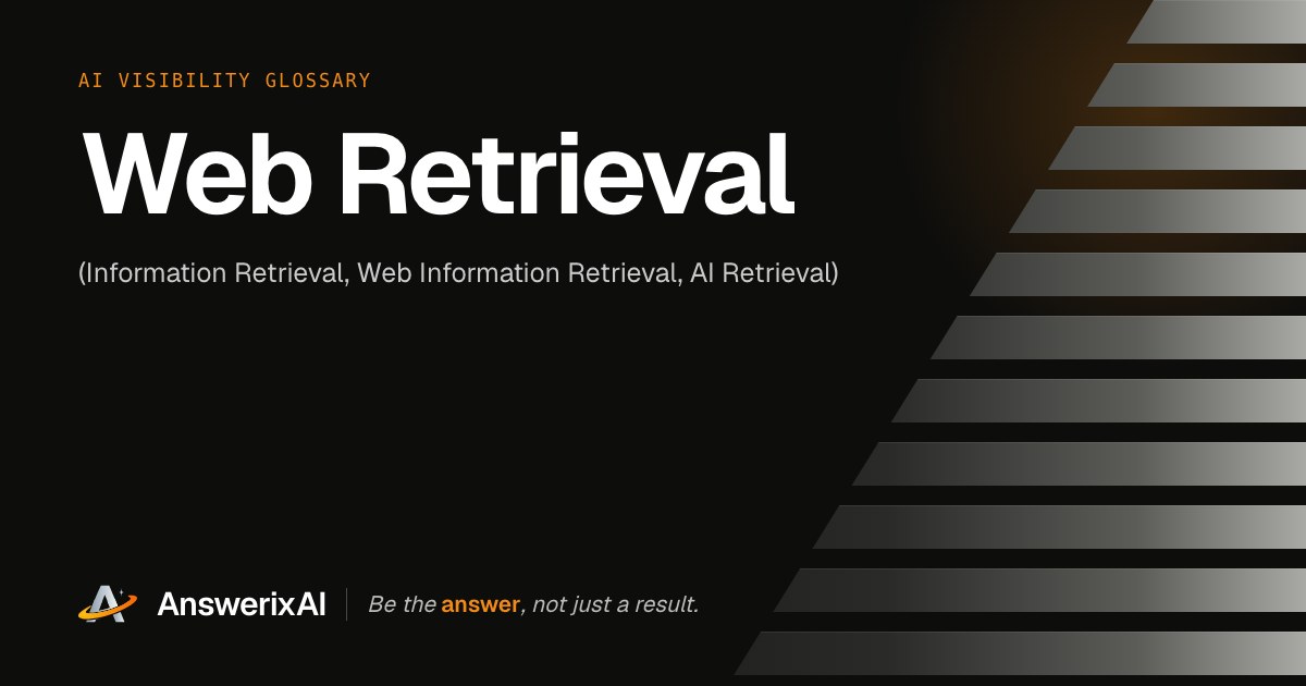 AnswerixAI AI Visibility Glossary card for “Web Retrieval”, also called Information Retrieval, Web Information Retrieval, AI Retrieval